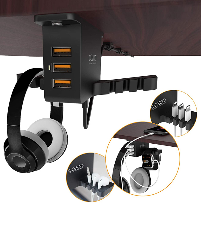 Soporte para auriculares con USB Soporte para auriculares con cargador USB.